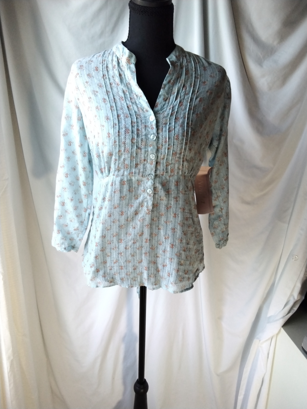 Light Blue Floral Pintuck Button-Front Blouse